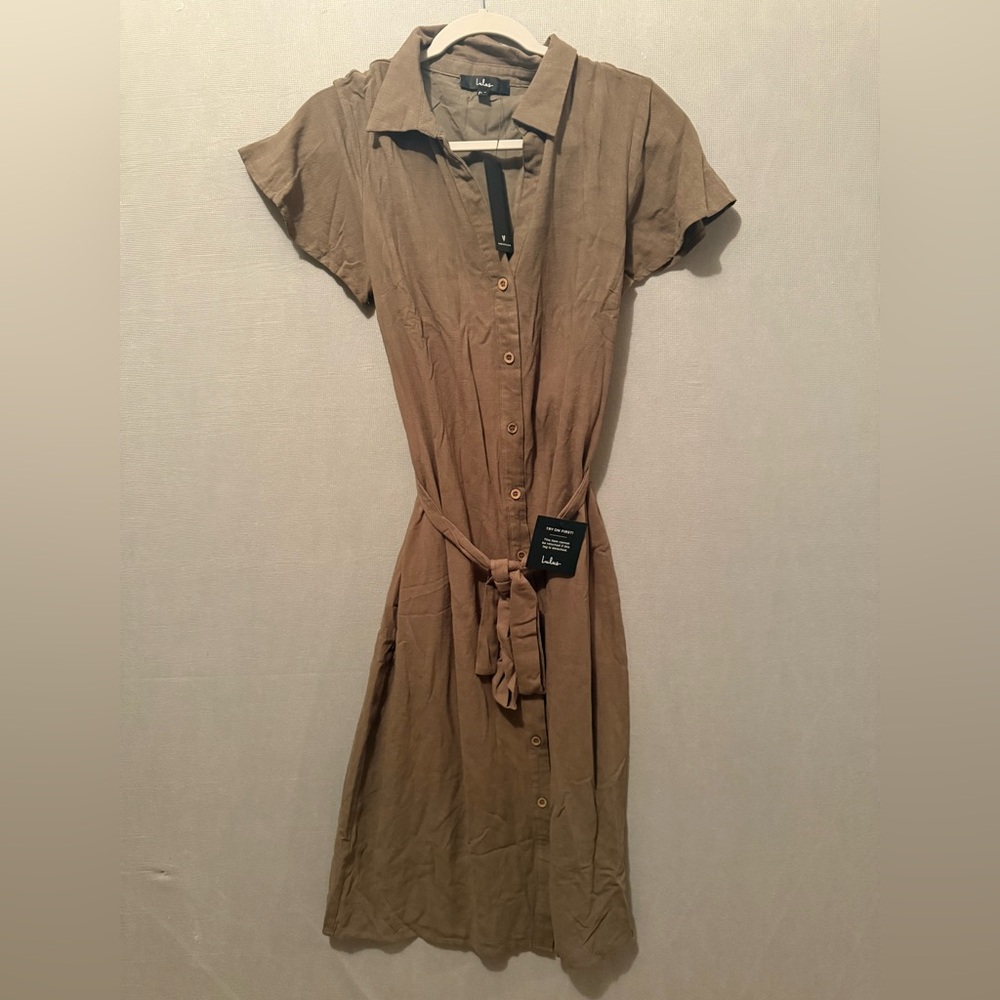 NWT Lulus Italian Summer Olive Green Linen Button-Up Short Sleeve Dress Size M - Picture 4 of 6